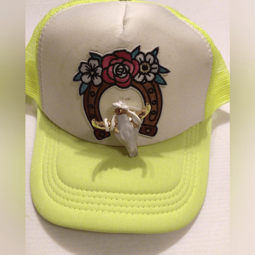 NEW! Upcycled Boho Western Neon Yellow Trucker Hat with Floral Horseshoe